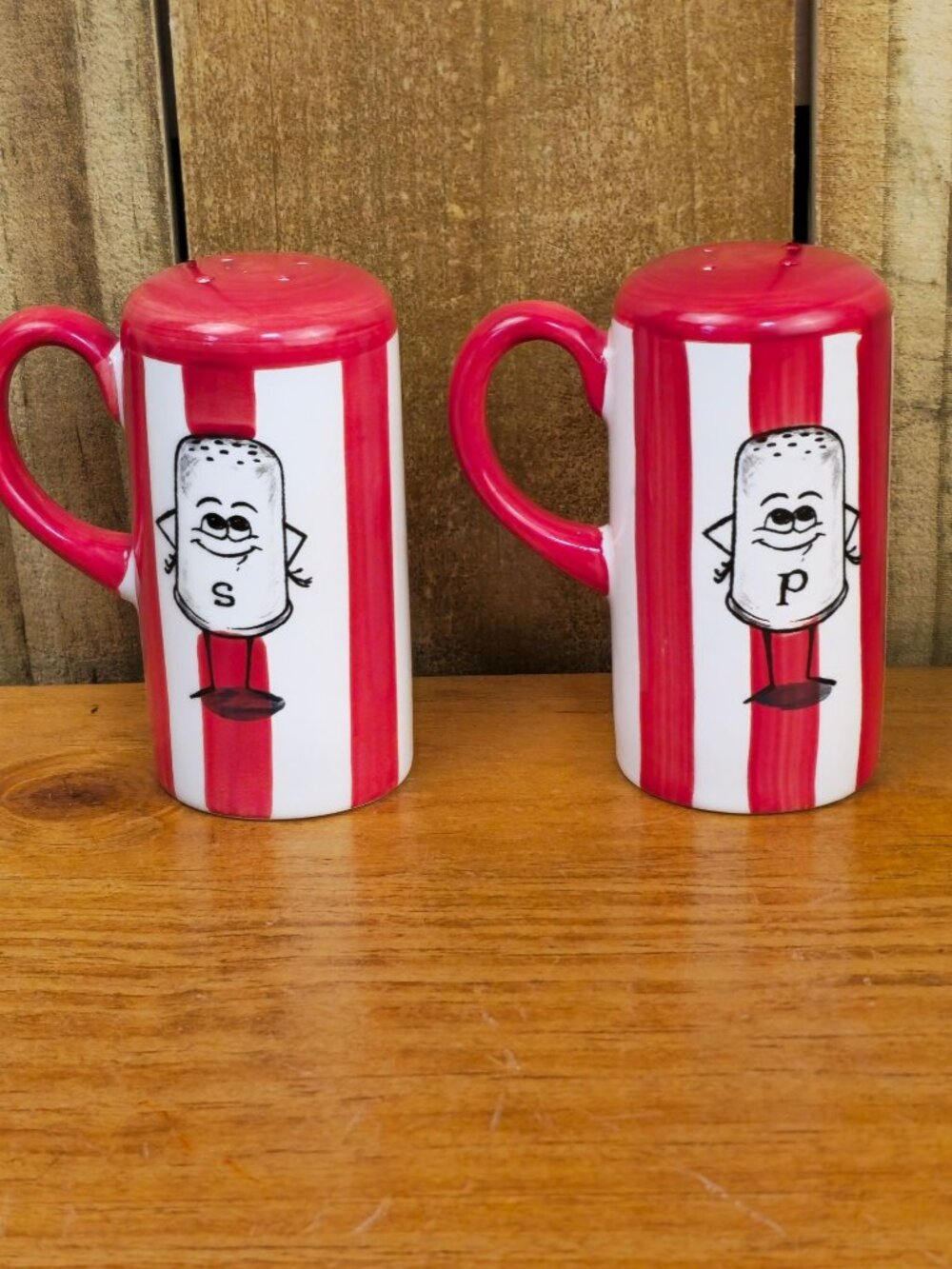 Vintage Red & White Ceramic Salt & Pepper Shakers With Handles Cartoon Design 5"